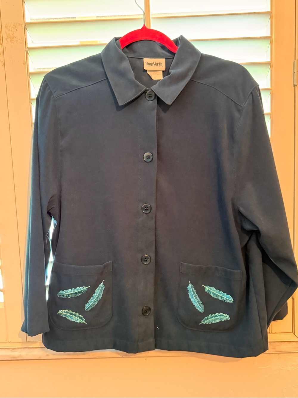 Vintage Bon Worth Navy Blue Button-Front Jacket w/ Teal Embroidered Pockets